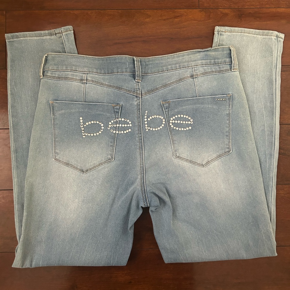 Bebe Crystal Logo Heartbreaker Skinny Jeans Size 30 Y2K